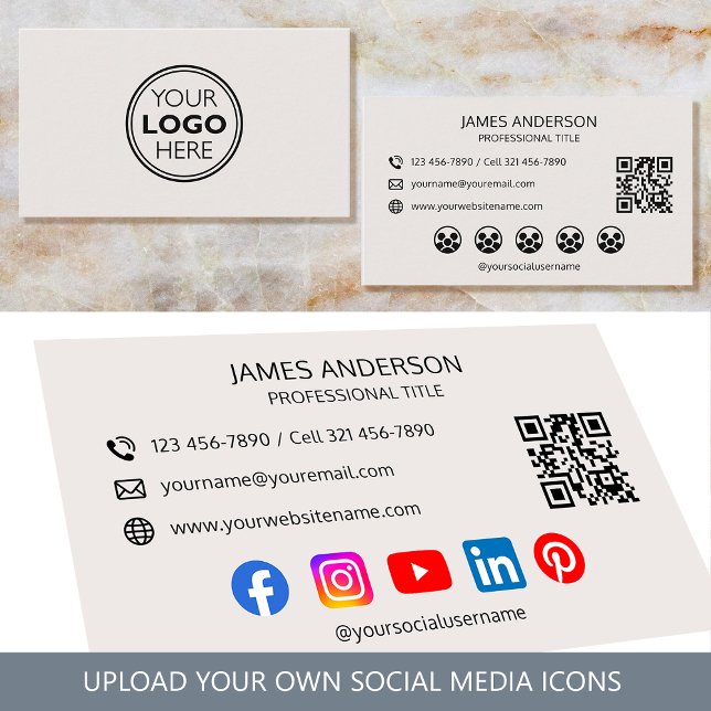 Cartão De Visita Professional Logo Social Media QR Code Off-White (Criador carregado)