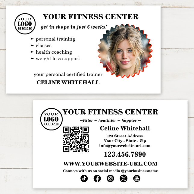 Cartão De Visita Professional Personal Trainer Fitness Center (Fitness personal trainer business card with custom photo, qr code, social media and logo)