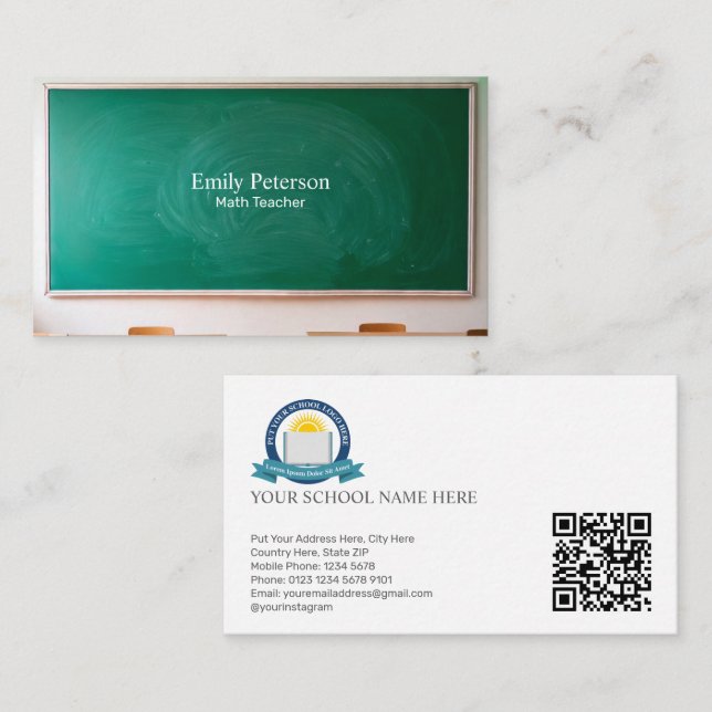 Cartão De Visita Professor de Escola de Chalkboard Verde com Código (Frente/Verso)