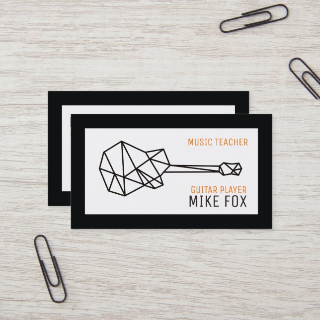 Cartão De Visita professor de guitarra, branco preto profissional (Frente/Verso In Situ)