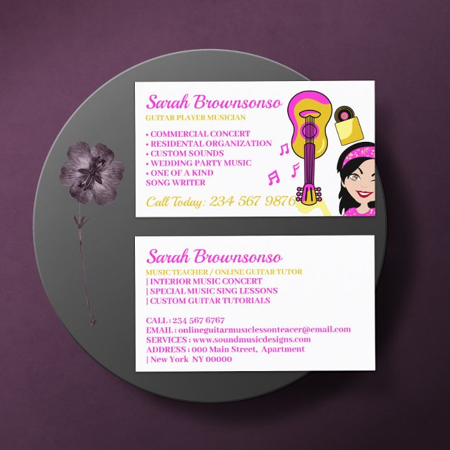 Cartão De Visita Professor de Guitarra Músico Rosa Amarelo Desenho  (Criador carregado)
