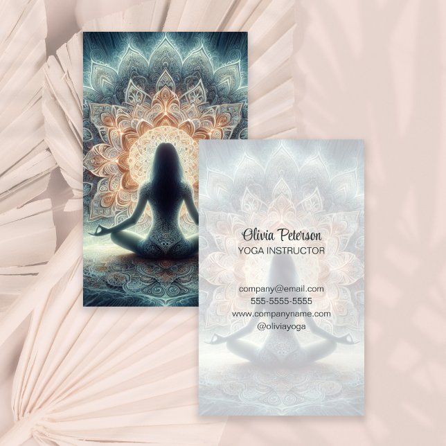 Cartão De Visita Professor de Ioga Moderna Mandala Yogi Girl (Modern Yoga Teacher Mandala Yogi Girl Business Card on a boho neutral dry palm leaf.)