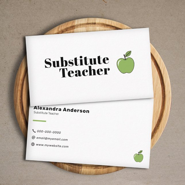 Cartão De Visita Professor de Maçã Verde Simples (Simple Green Apple Teacher Business Card)
