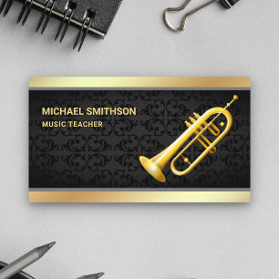 Cartão De Visita Professor de Música Black Damask Gold Foil
