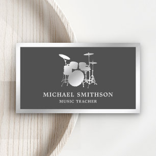 Cartão De Visita Professor de Música Cinza Kit de Bateria de Papel