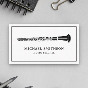 Cartão De Visita Professor de Música de Clarinete Preto e Branco Mi