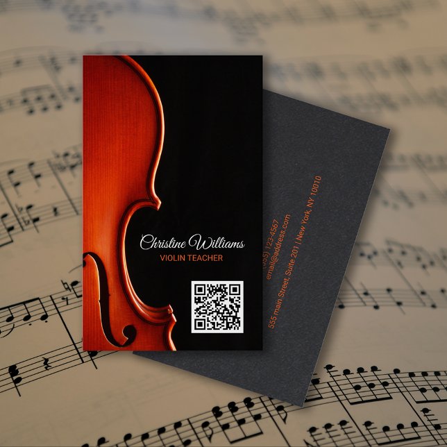 Cartão De Visita Professor de Música de Cordas Clássicas QRcode Pro (Classical String Music Teacher Professional QRcode Business Card)