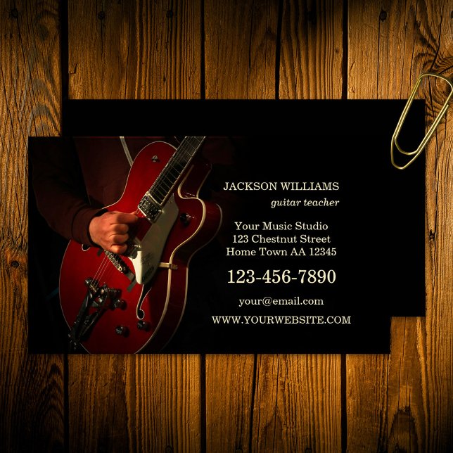 Cartão De Visita Professor de Música de Guitarra Guitarrista (Guitar teacher, music teacher, band member or music studio professional business card)