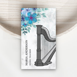 Cartão De Visita Professor de Música de Harp Floral Azul Moderno e