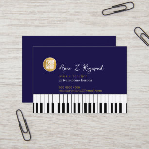 Cartão De Visita Professor de Música de Piano azul-marinho com logo