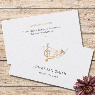 Cartão De Visita Professor de Música Dourada Treble Clef Modern Whi