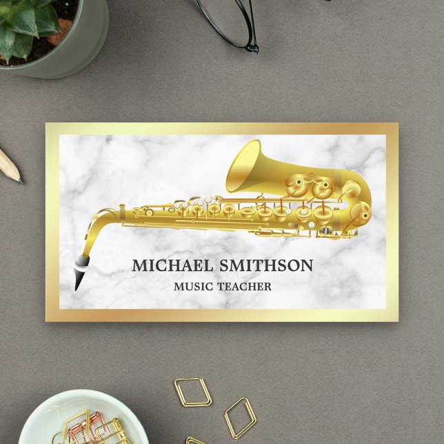 Cartão De Visita Professor de Música Marble Gold Foil Saxofone (Criador carregado)