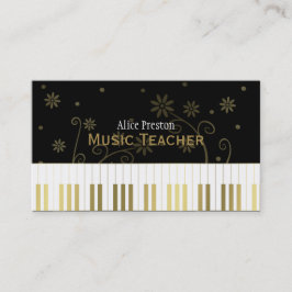 Cartão De Visita Professor de Música | Piano Floral Negro Ouro