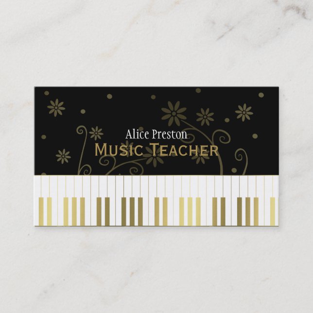 Cartão De Visita Professor de Música | Piano Floral Negro Ouro (Frente)