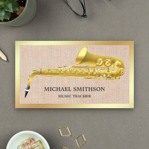 Cartão De Visita Professor de Música Rustic Burlap Gold Foil Saxofo