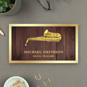Cartão De Visita Professor de Música Rustic Wood Gold Foil Saxofone