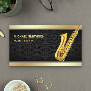 Cartão De Visita Professor de Música Saxofone Black Damask Gold Foi