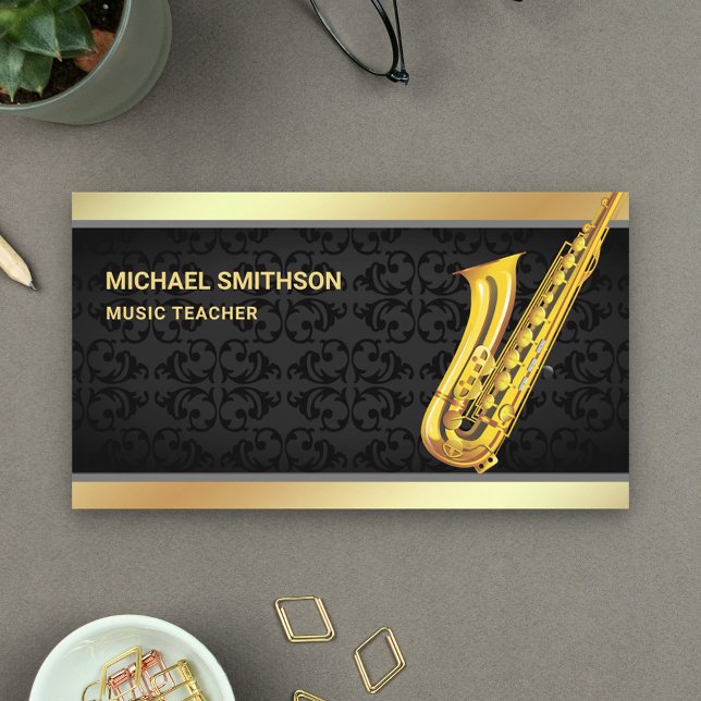 Cartão De Visita Professor de Música Saxofone Black Damask Gold Foi (Criador carregado)