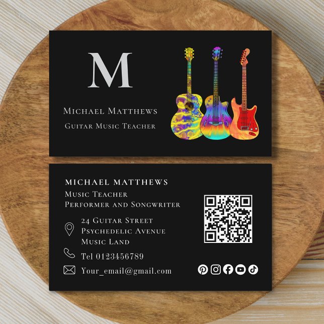 Cartão De Visita Professor de Violão Código QR Mídia Social (Modern guitar teacher qr code and social media custom business card)