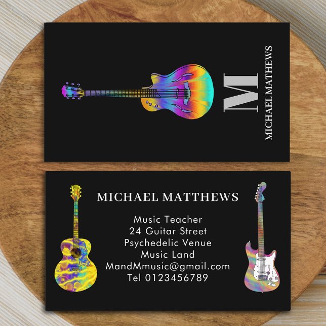 Cartão De Visita Professor de Violão Monograma de Músicos (Modern professional guitar teacher Business card Electric semi acoustic guitars simple minimalist )