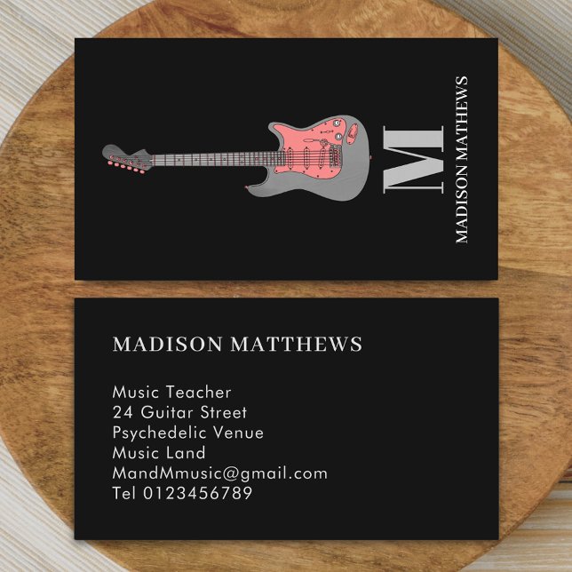 Cartão De Visita Professor De Violão Monograma Simples, Rosa Preto (Modern minimalist guitar music teacher professional musician pink and black monogram Business card)