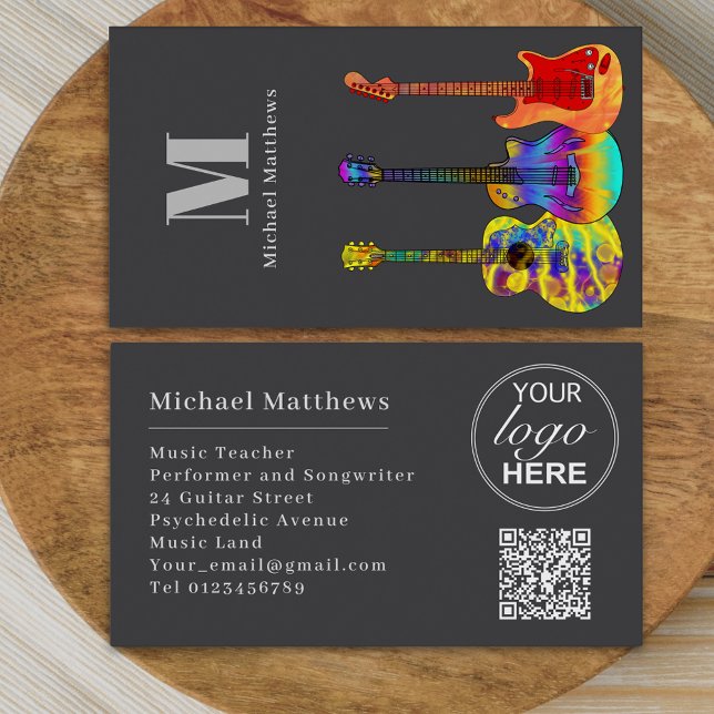 Cartão De Visita Professor de Violão Músico Personalizado Código QR (Modern guitar music tutor professional musician logo qr code Business card)