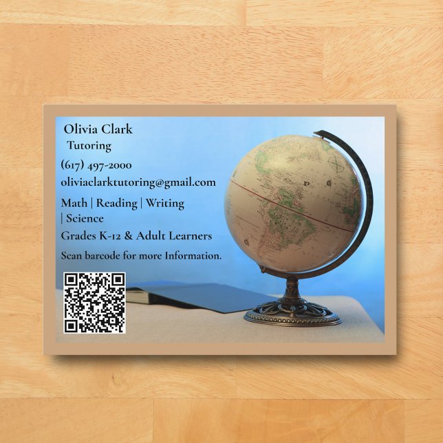 Cartão De Visita Professor QR Code Tutor Professor Globo Livro Sala (Tan Globe Business Card for Teacher )