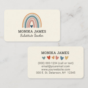 Cartão De Visita Professor substituto bonito Cream Boho Arco-íris