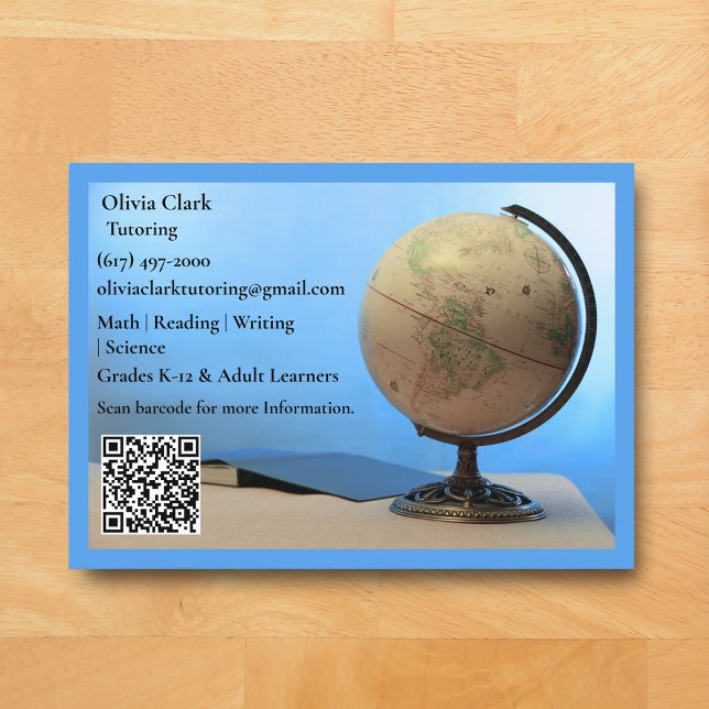 Cartão De Visita Professor Tutor QR Code Azul Sala de Aula Globo &  (Blue Globe Business Card for Teacher )