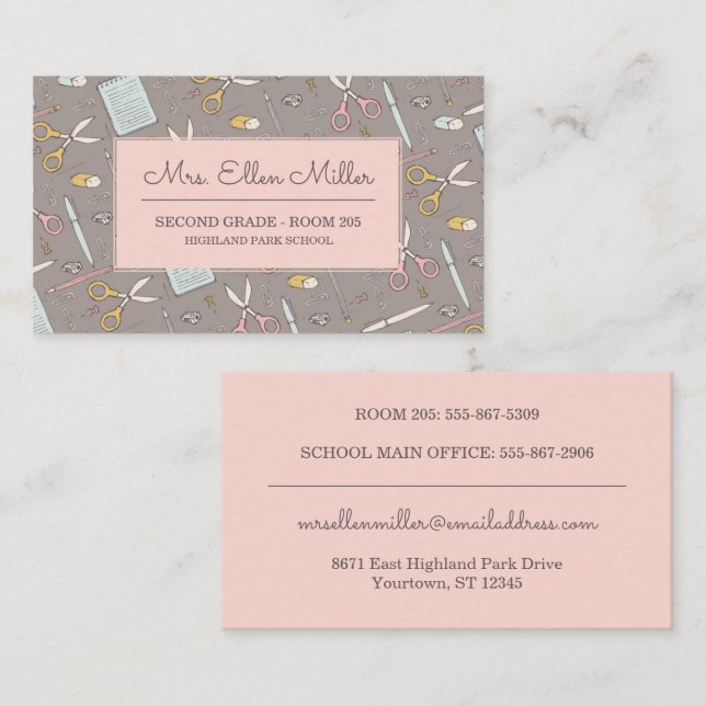 Cartão De Visita Professora | Escola Feminina Rosa/Taupe (Frente/Verso)
