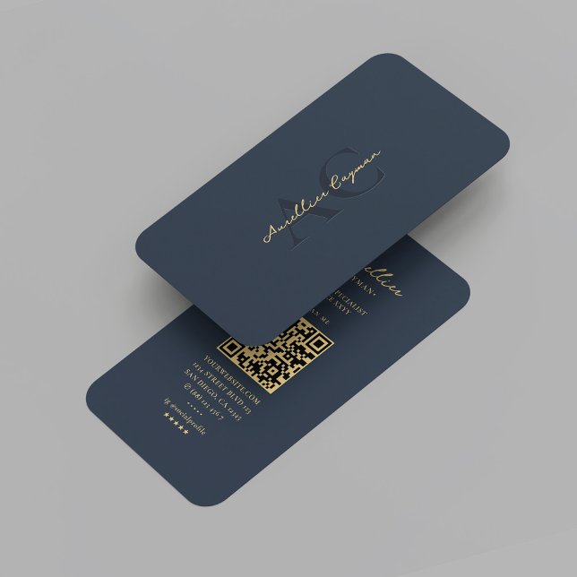 Cartão De Visita Profissional de Monograma Dourado Azul Moderno Esc (Modern Dark Blue Gold Monogram Professional Marketing Networking QR 
Code Elegant Business Card
)