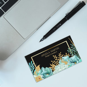 Cartão De Visita Profissional Dourado floral do quadro da hortelã
