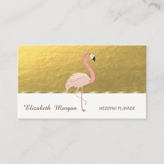 Cartão De Visita Profissional elegante, Faux Dourado, Flamingo Rosa (Frente)