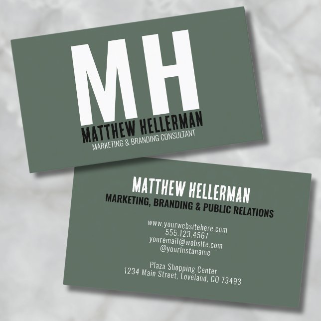 Cartão De Visita Profissional Monograma Verde Simples (Green Simple Minimal Professional Monogram Business Card )