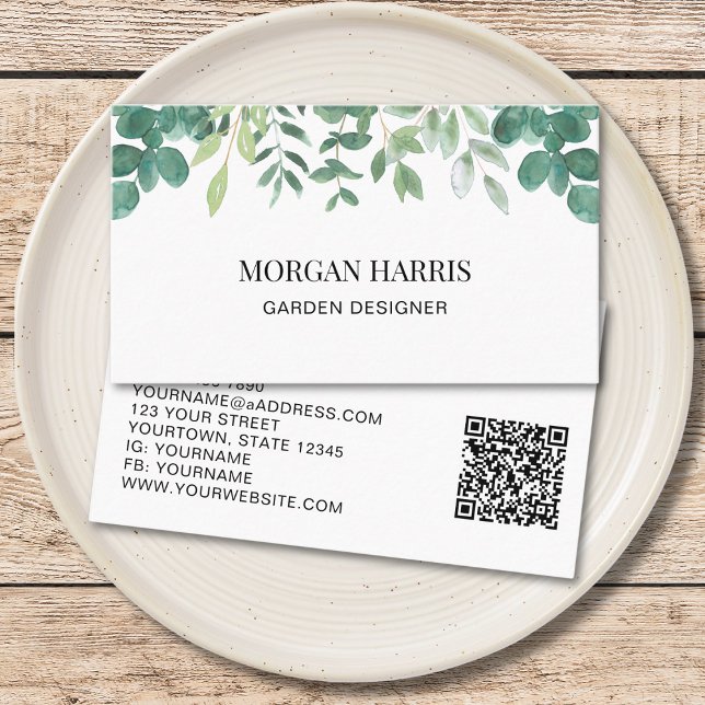 Cartão De Visita Projetista de Jardim de Código QR Aquarela Folhage (Criador carregado)