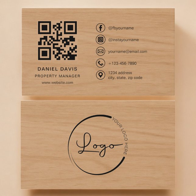 Cartão De Visita Property Manager Wood Professional QR Code (Criador carregado)