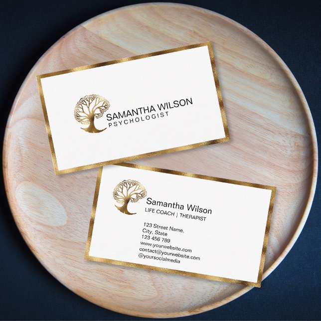 Cartão De Visita Psicólogo do Cérebro-Cérebro da Vida Psiquiatra (gold brain tree logo)