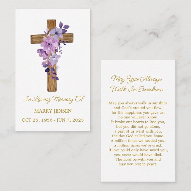 Cartão De Visita Purple flower Cross Memorial Funeral Prayer Card (Frente/Verso)