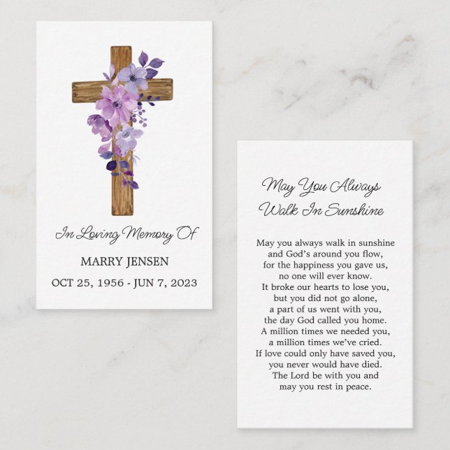 Cartão De Visita Purple flower Cross Memorial Funeral Prayer Card (Frente/Verso)