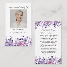 Cartão De Visita Purple Flower Memorial Photo Funeral Prayer Card