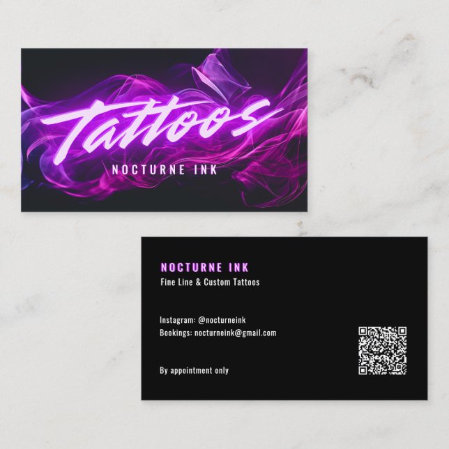 Cartão De Visita Purple Neon & Smoke Tattoo Artist QR Code (Frente/Verso)