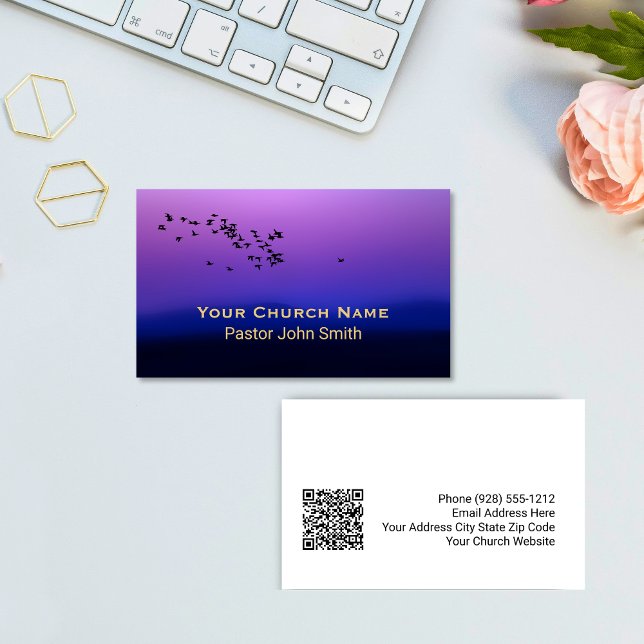 Cartão De Visita Purple Sunset Birds Church Pastor QR Code (Purple Sunset Birds Church Pastor QR Code Business Card)