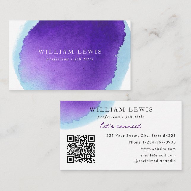 Cartão De Visita Purple Watercolor Professional Modern QR Code (Frente/Verso)