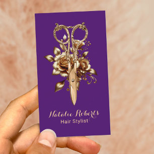 Cartão De Visita Púrpura Dourada Tesoura Cabelo Flor Stylist Salon