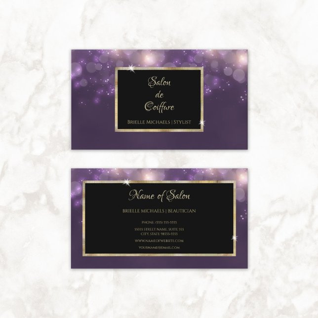 Cartão De Visita Púrpura Elegante Salão preto e quadro Dourado (Elegant Purple Bokeh Salon Black and Gold Frame Business Cards)