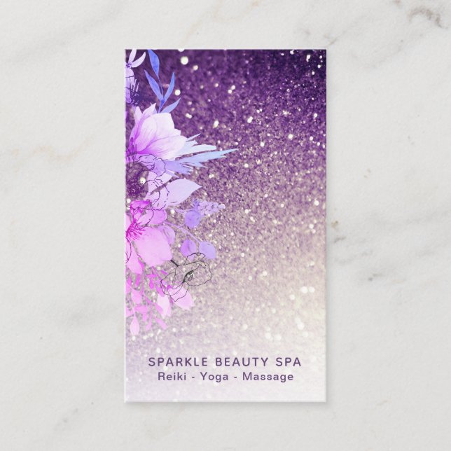 Cartão De Visita *~* Púrpura Floral Ombre Glitter Beauty Spa (Frente)