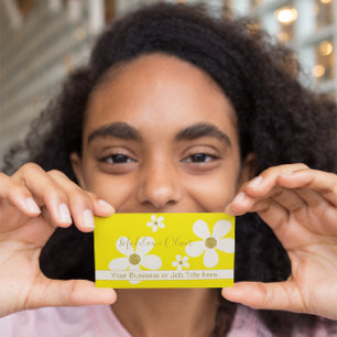 Cartão De Visita QR Amarelo Floral Grande Branco Dourado Profission