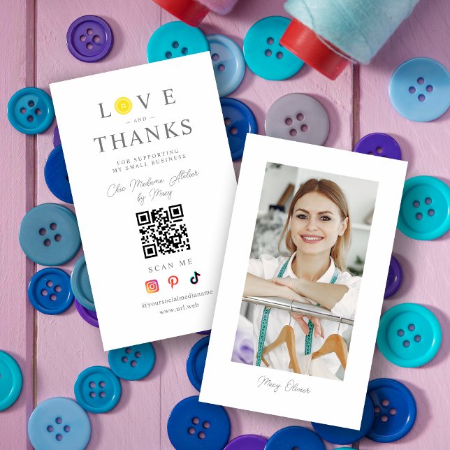 Cartão De Visita QR Chic Yellow Button Love & Thanks Photo Support (QR Chic Yellow Button Love & Thanks Photo Supporting Small Business Card.)