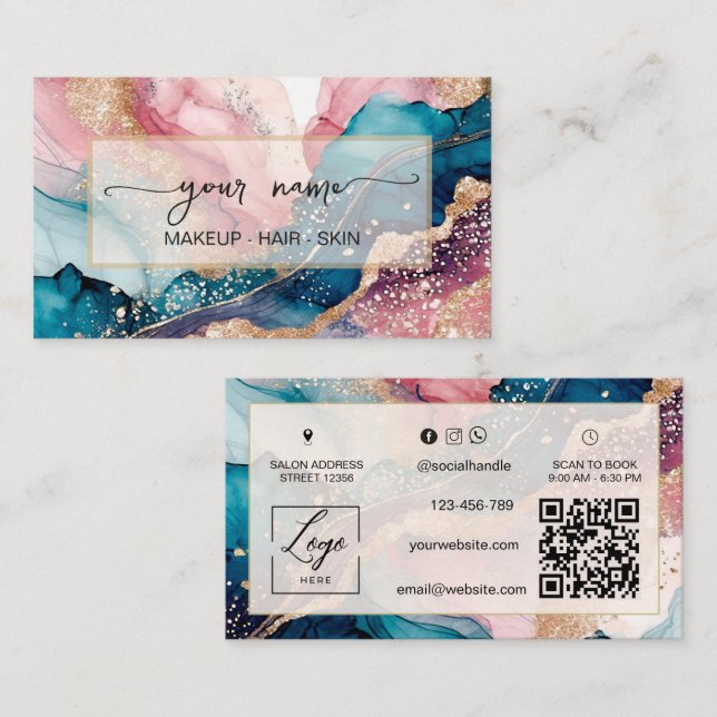 Cartão De Visita Qr Code aquarela e blush iridescente Rosa (Frente/Verso)