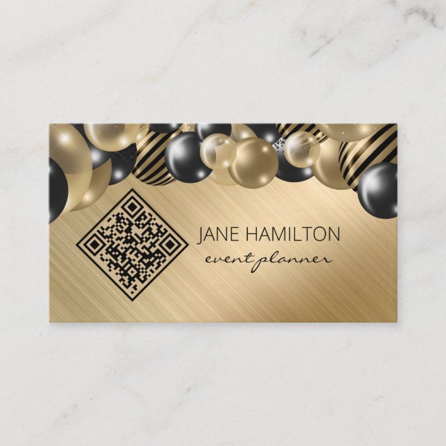 Cartão de Visita QR Code Balões Elegantes Dourado (Frente)